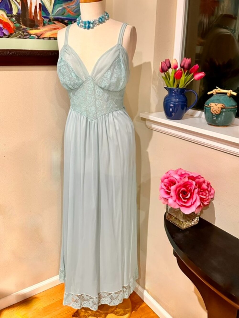 Light Blue Nylon Tricot & Lace Long MCM Nightgown by Rogers - Vintage c1950